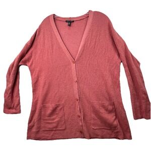 Eileen Fisher Organic Linen VNeck Button Up Cardigan Sweater Size XL Salmon Pink
